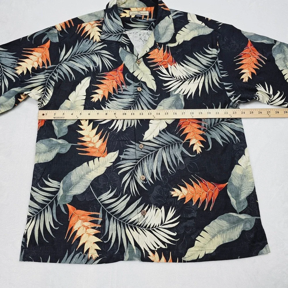 Tommy Bahama Button Up Mens L Black Orange Silk Tropical Palm Leaf Hawaiian